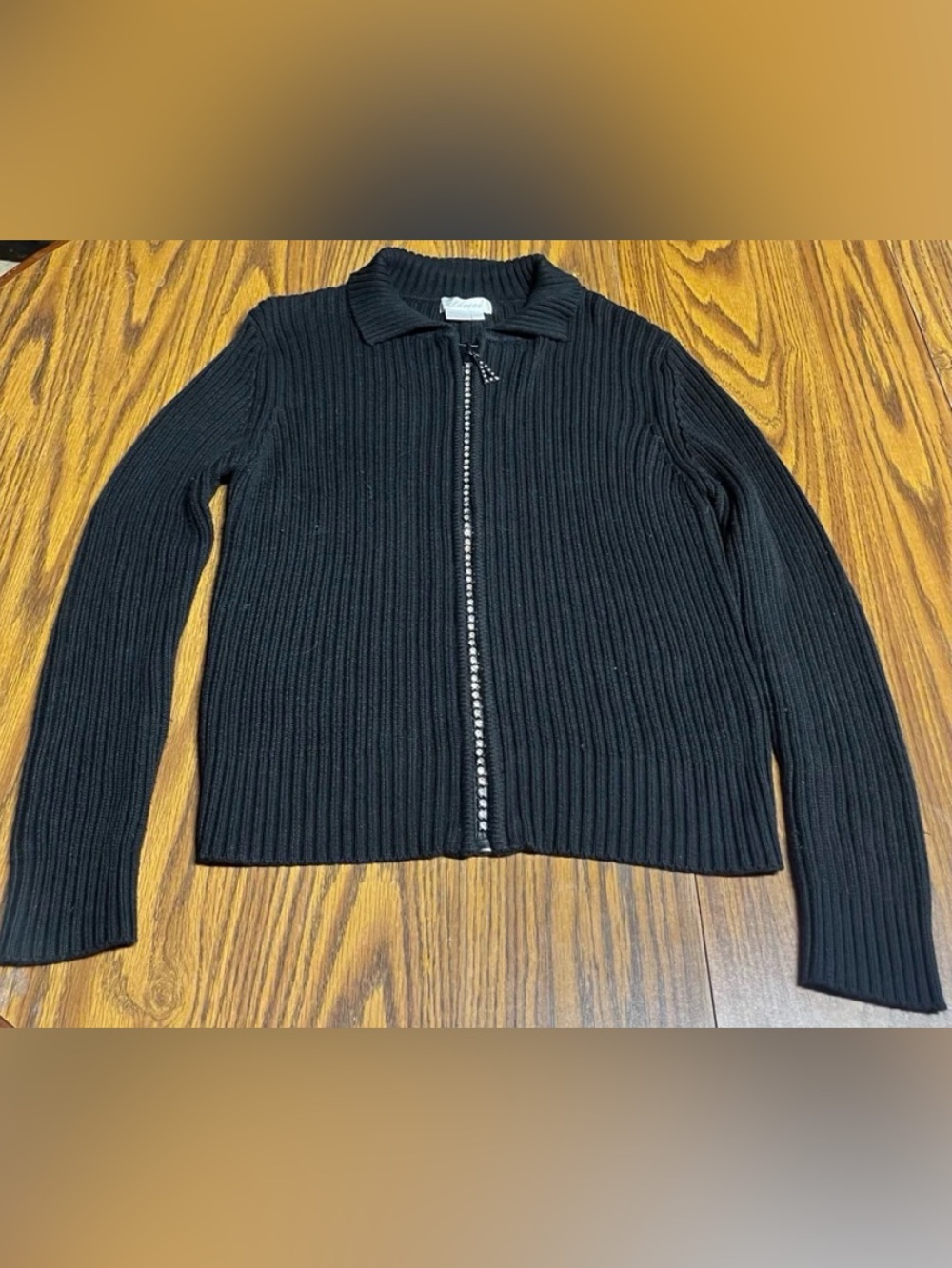 Choice Black Ribbed Zip-Front Sweater with Rhinestone Zipper Size Medium